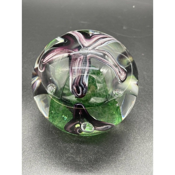 Adam Jablonski Paperweight Purple Flower Hand Blown Controlled Bubble Art Glass - Picture 5 of 7